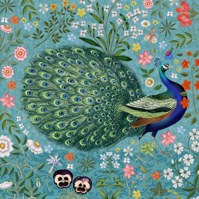 Peacock and Flowers